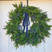 Trendy 28-inch mixed spruce and pine wreath with blue velvet ribbon – Heartland Store MN