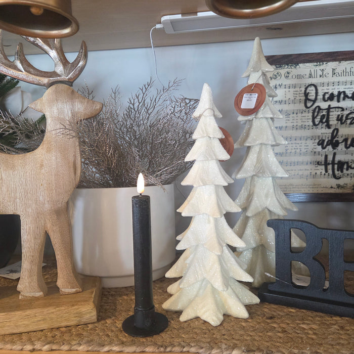 3D flame black taper candle 7.25” with 6-hour timer. A sleek, flameless option for mantels, tables, and décor from local gift shop