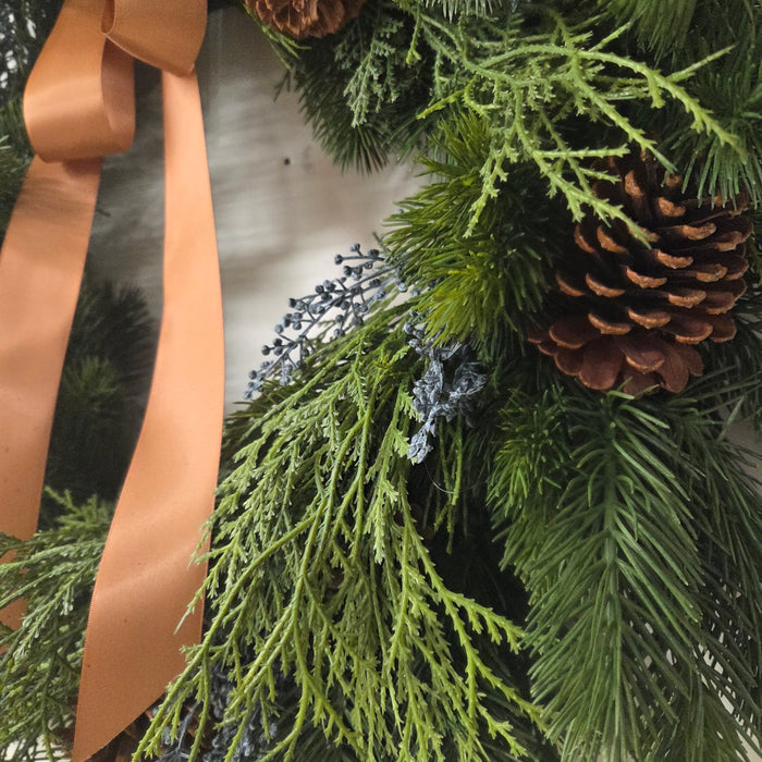 Artificial 28"  Mixed Pine Wreath with Blue Berries & Trendy Ribbon  Outdoor Front Door Wreath | Heartland Store MN