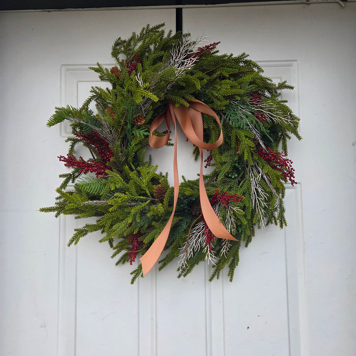 Artificial 22" Mixed Pine Wreath with Red Berries & Rich Brown Ribbon  Outdoor Front Door Wreath | Heartland Store MN