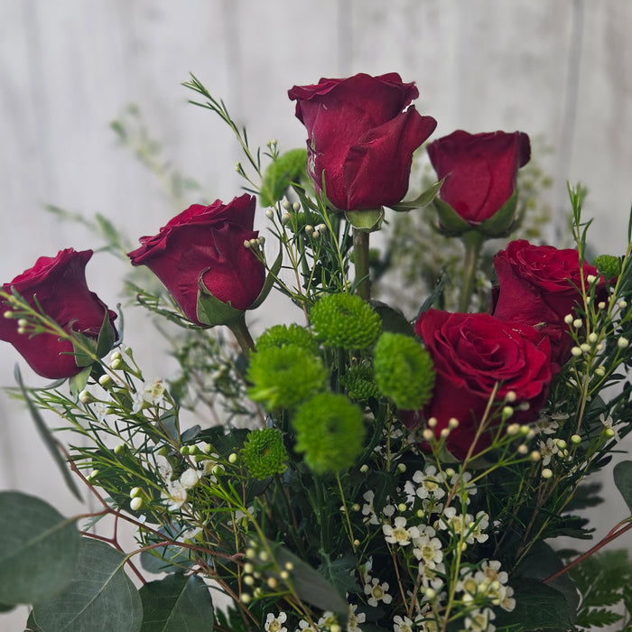Classic Red Roses with Eucalyptus, Green mums, and White Fillers-  Fresh Flowers