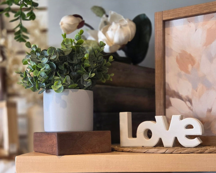 Everyday Centerpiece Square Petite Wood Bowl with 4" Round Pot and Everyday Artificial Eucalyptus