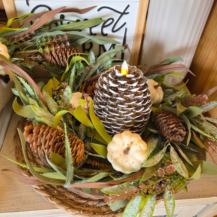 14" CREAM PUMPKIN & FOLIAGE CANDLE RING