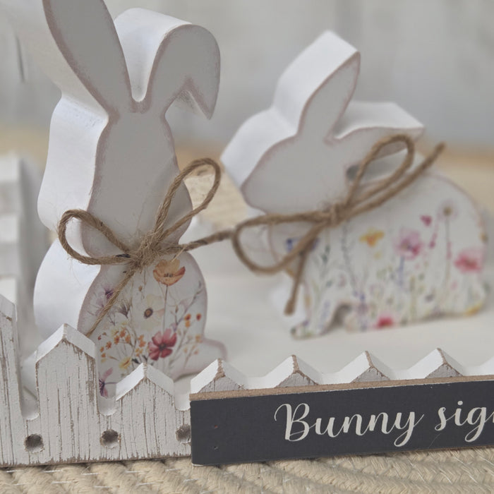 Wooden block sitter bunny Easter decor with floral design and fence
