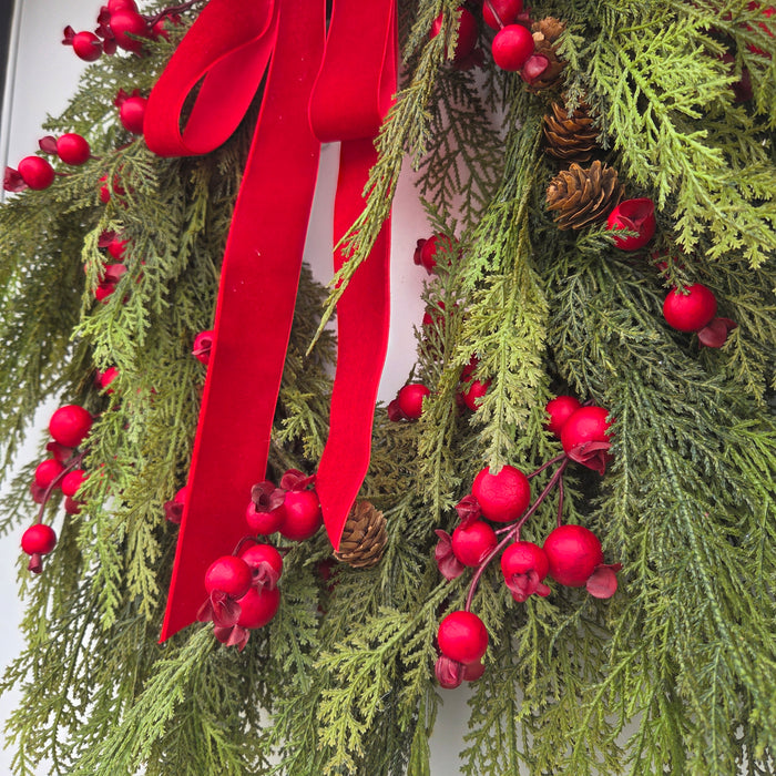 Faux cedar pine Christmas wreath with velvet ribbon – handcrafted look Lewiston MN