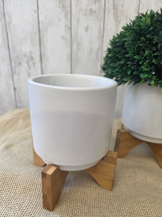 Ceramic White Planter 4" x 4" with Wood Stand Set of 2