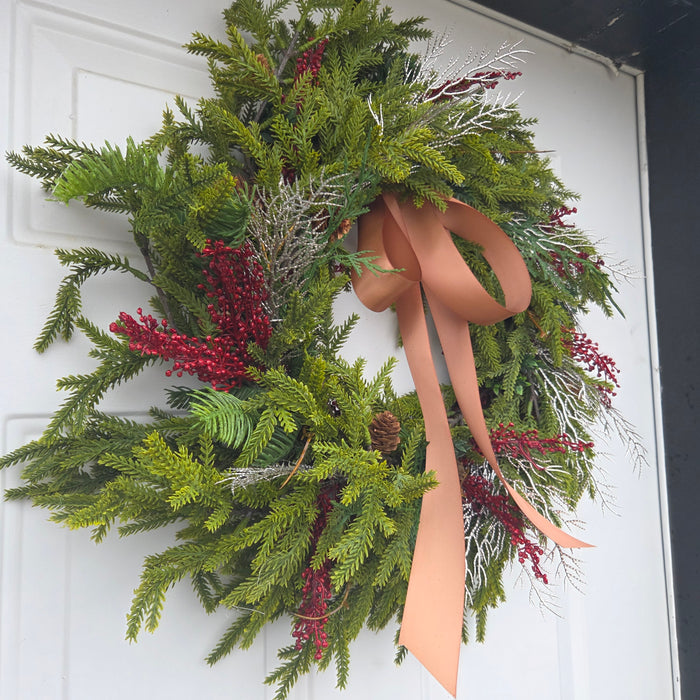 Artificial 22" Mixed Pine Wreath with Red Berries & Rich Brown Ribbon  Outdoor Front Door Wreath | Heartland Store MN