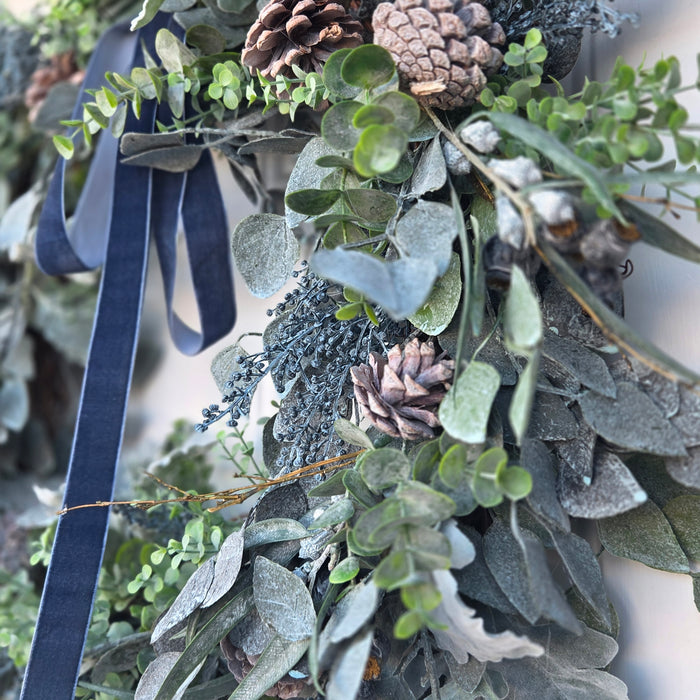 Trendy blue velvet eucalyptus wreath – Heartland Store MN seasonal décor