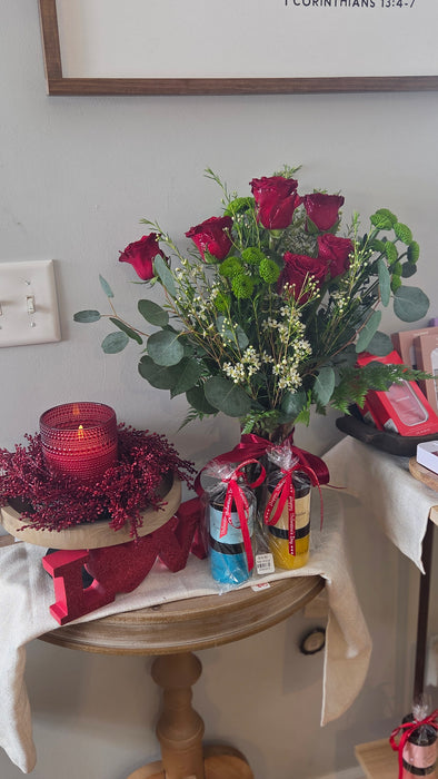 Classic Red Roses with Eucalyptus, Green mums, and White Fillers-  Fresh Flowers