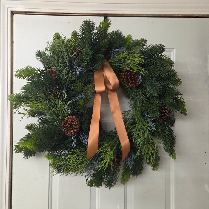 Artificial 28"  Mixed Pine Wreath with Blue Berries & Trendy Ribbon  Outdoor Front Door Wreath | Heartland Store MN