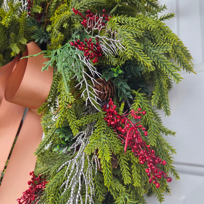 Artificial 22" Mixed Pine Wreath with Red Berries & Rich Brown Ribbon  Outdoor Front Door Wreath | Heartland Store MN
