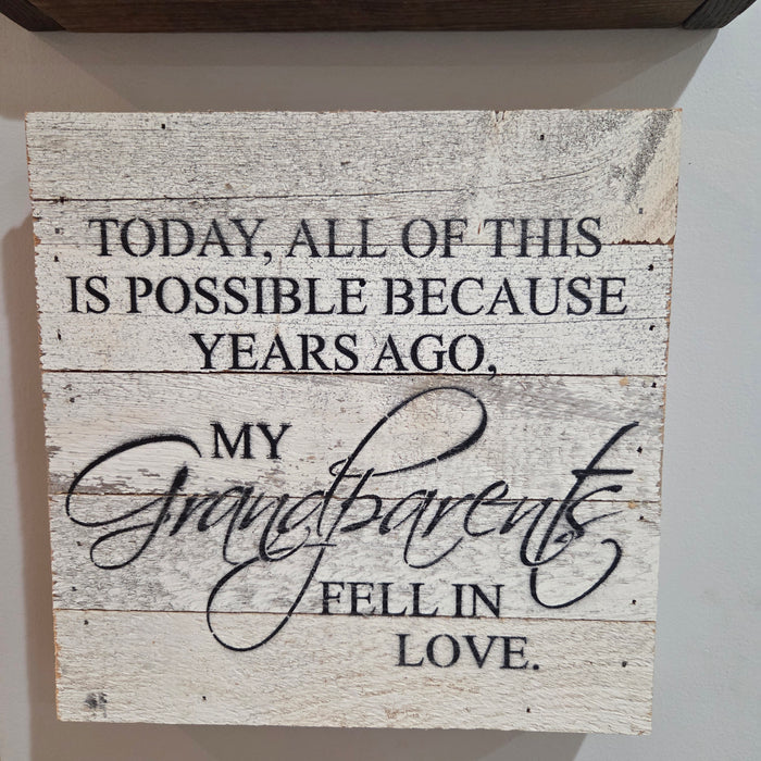Wooden keepsake sign celebrating grandparents’ love for anniversary parties