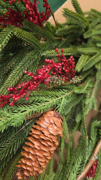 Red Artificial Austrian Pine Real Touch Garland Deluxe  With Red Berries 6 Feet