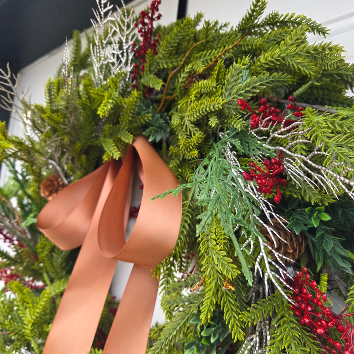 Artificial 22" Mixed Pine Wreath with Red Berries & Rich Brown Ribbon  Outdoor Front Door Wreath | Heartland Store MN