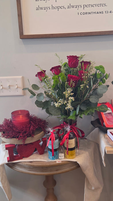 Classic Red Roses with Eucalyptus, Green mums, and White Fillers-  Fresh Flowers