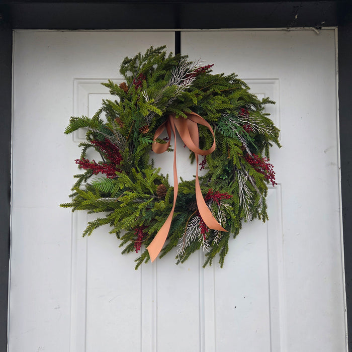 Artificial 22" Mixed Pine Wreath with Red Berries & Rich Brown Ribbon  Outdoor Front Door Wreath | Heartland Store MN