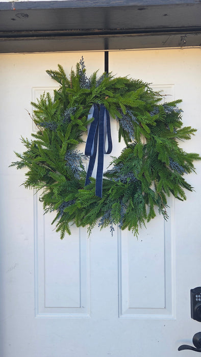 Artificial 28-inch spruce and pine wreath with eucalyptus and blue velvet bow – Heartland Store MN