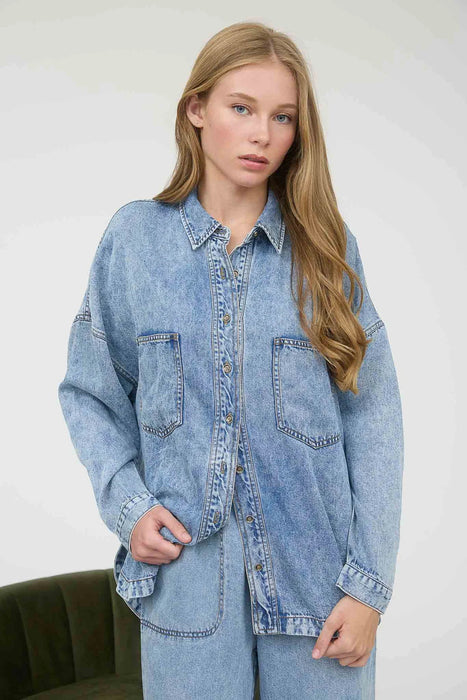 Chambray button down shirt for fall layering in Rochester MN