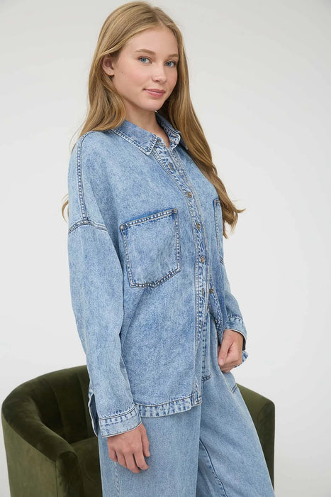 Washed denim-inspired long sleeve shirt for Midwest women
