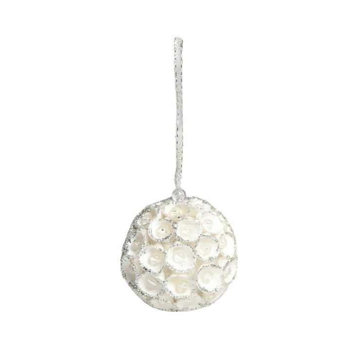 3" Clamrose Beaded Ball Ornament (White/Silver)